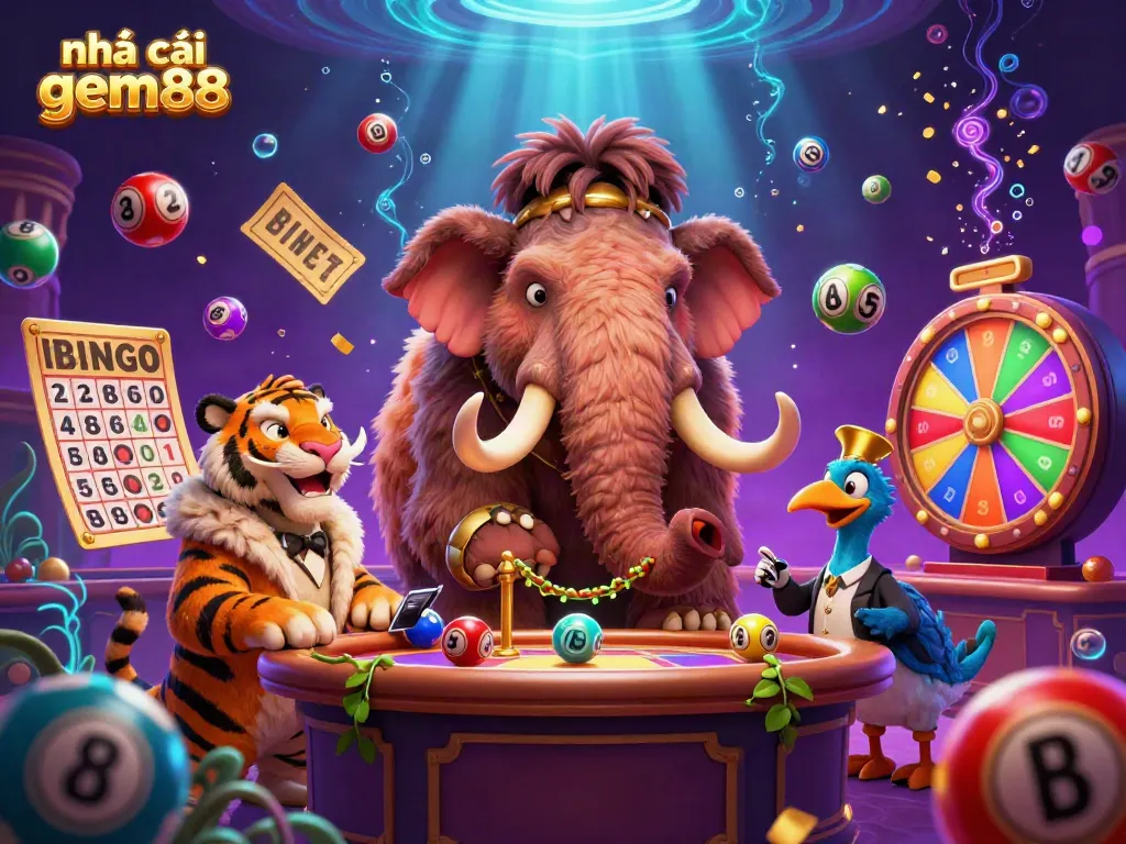 Engaging scene of nhà cái gem88 with a woolly mammoth bouncer checking IDs at a casino entrance surrounded by lottery elements.