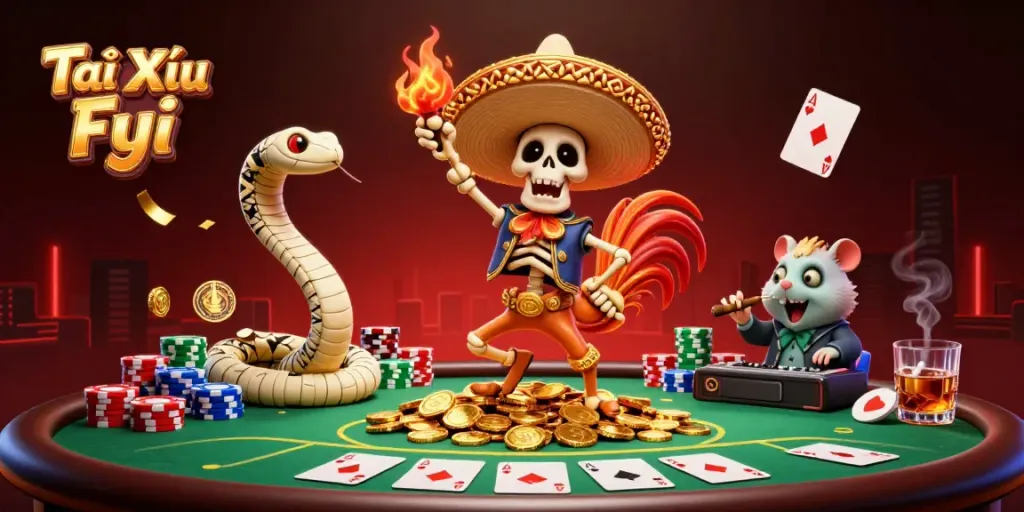 Tài Xỉu Fyi victory scene with cartoon characters celebrating amidst poker elements, colorful and festive.