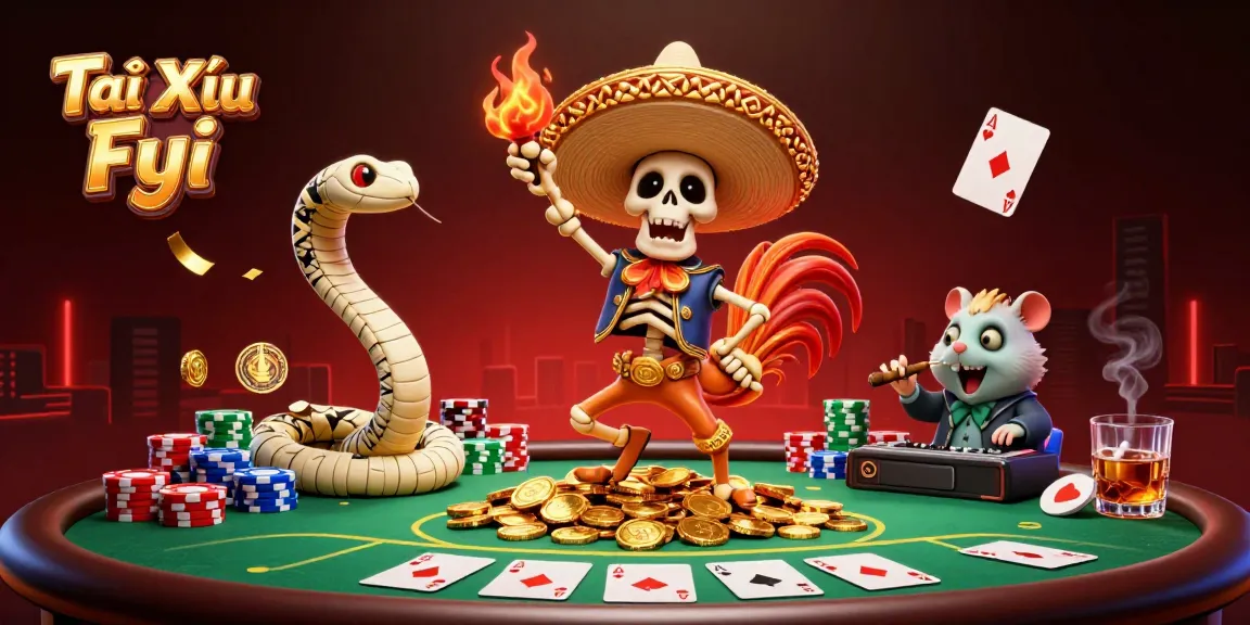 Tài Xỉu Fyi victory scene with cartoon characters celebrating amidst poker elements, colorful and festive.