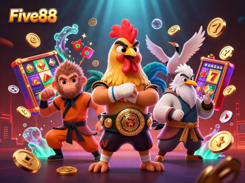 Play lively games at Five88 with thrilling slot action, golden jackpot counters, and vibrant casino characters.