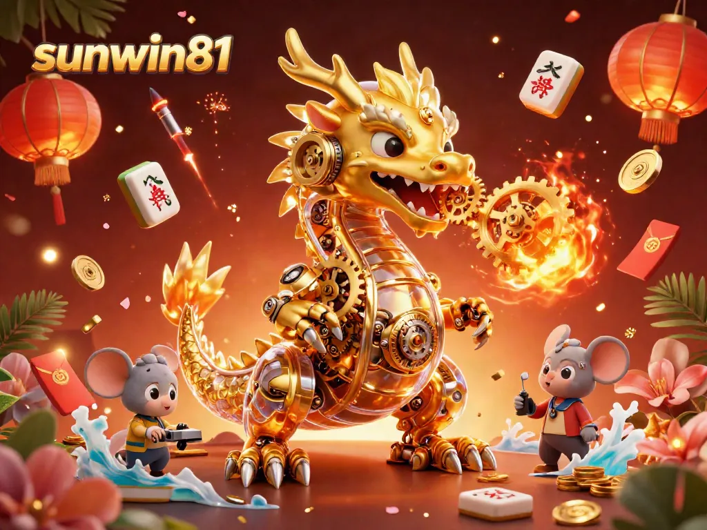 Experience thrilling gameplay with sunwin81 in a vibrant 3D illustrative scene featuring a golden dragon and festive elements.