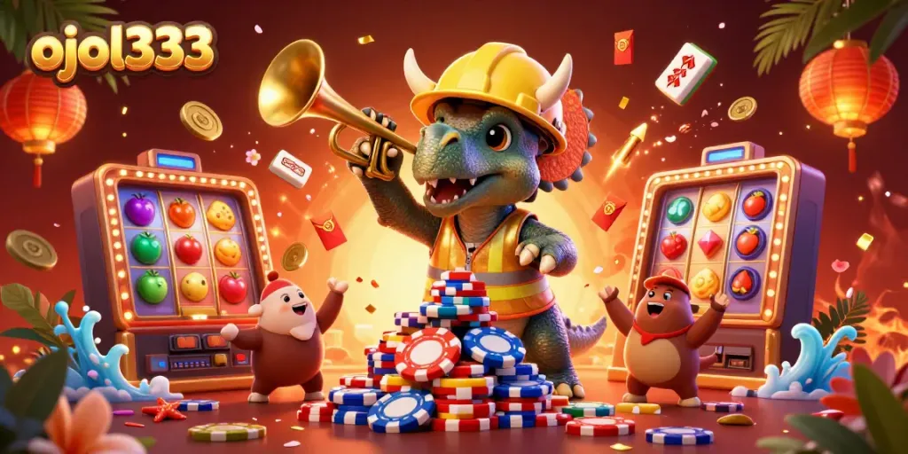 Play with vibrant slots and cards at ojol333 in this dynamic 3D casino theme illustration.