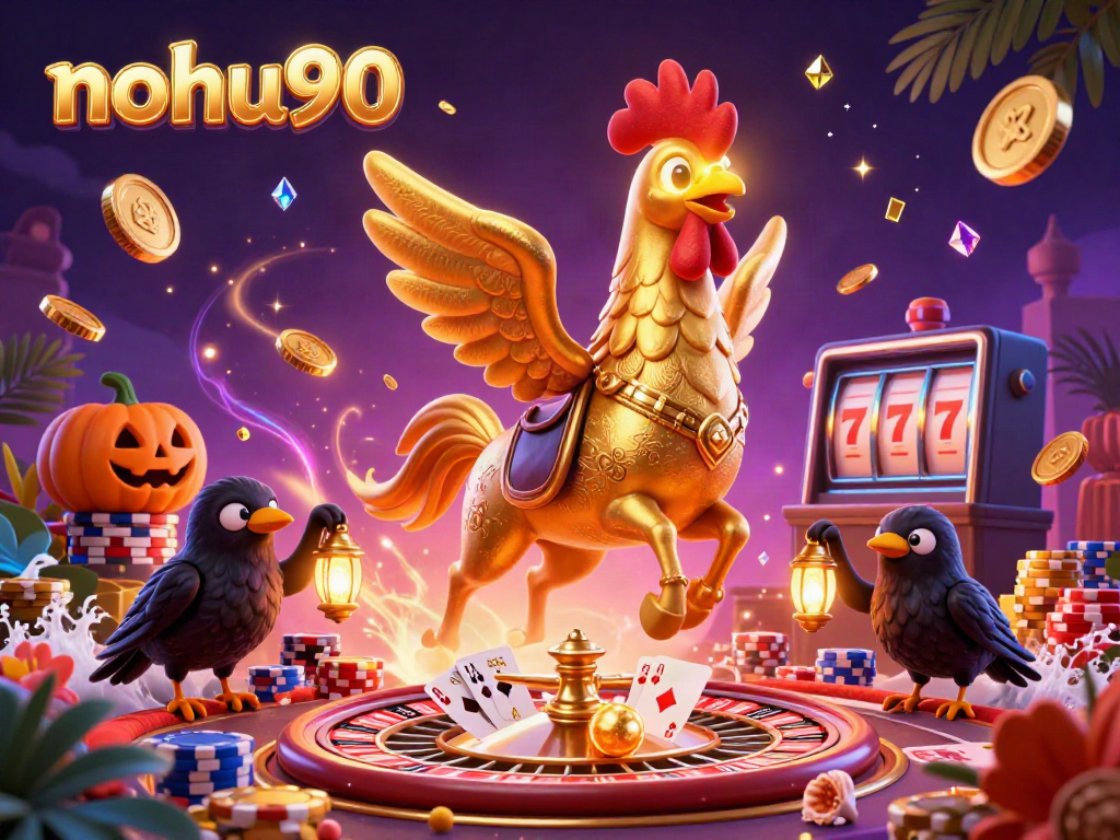 Nohu90 features a golden rooster and mystical crows amid casino riches.