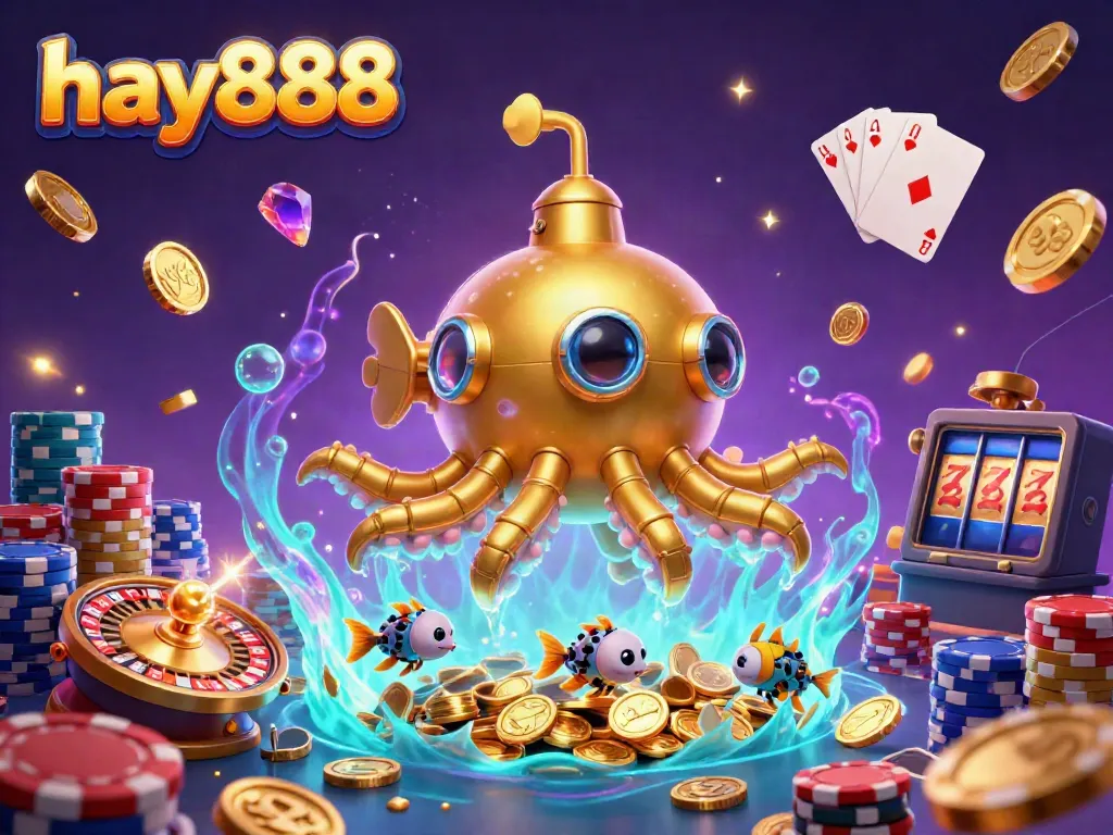 Experience the excitement of hay888 with our golden kraken submarine amidst a sea of casino treasures.