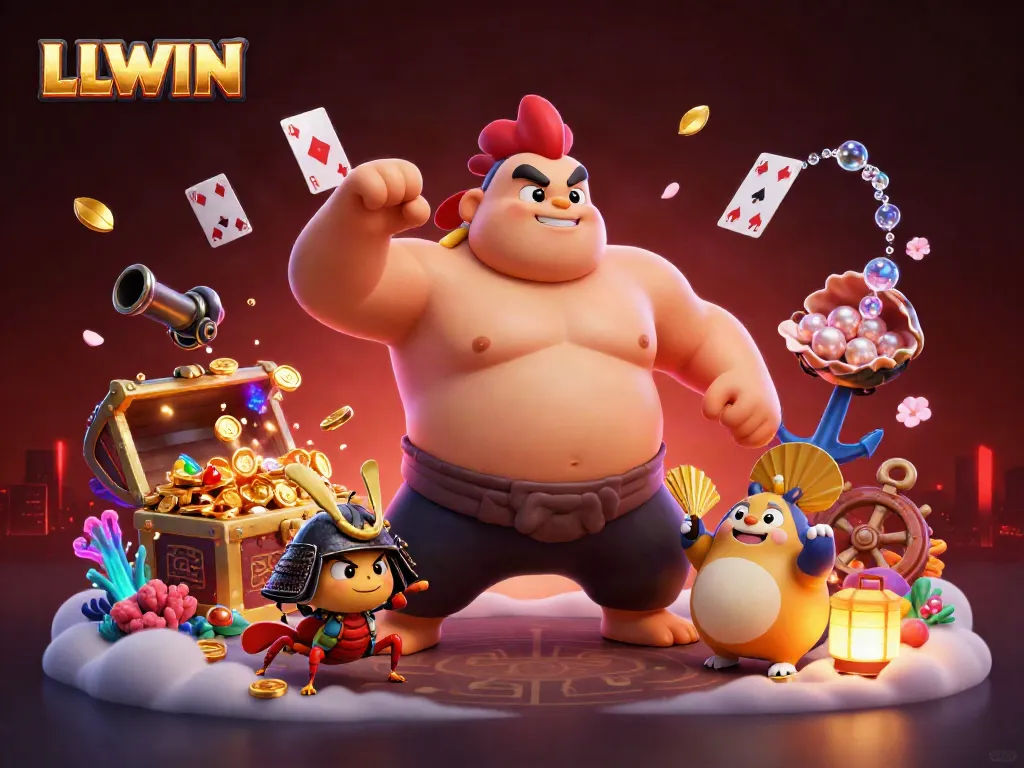 Win big with LLWIN at the energetic casino scene featuring dynamic characters and vibrant treasures.