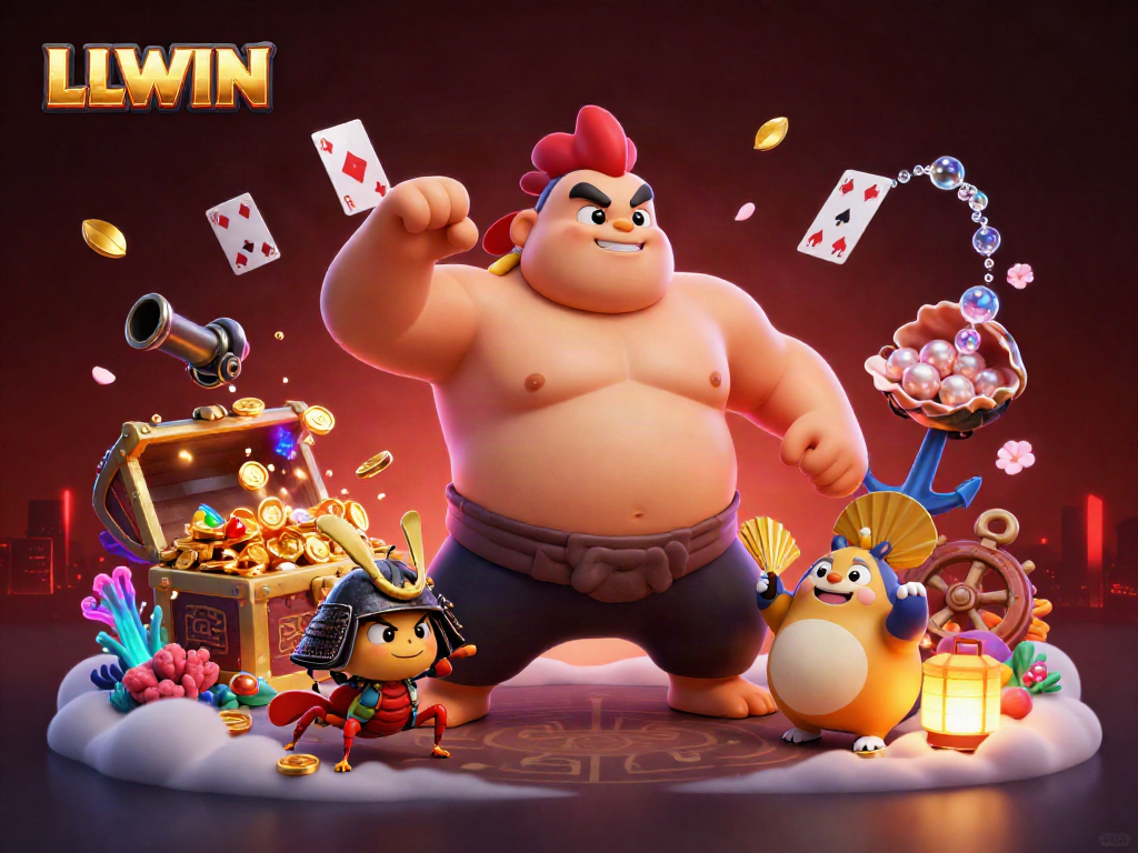 Win big with LLWIN at the energetic casino scene featuring dynamic characters and vibrant treasures.