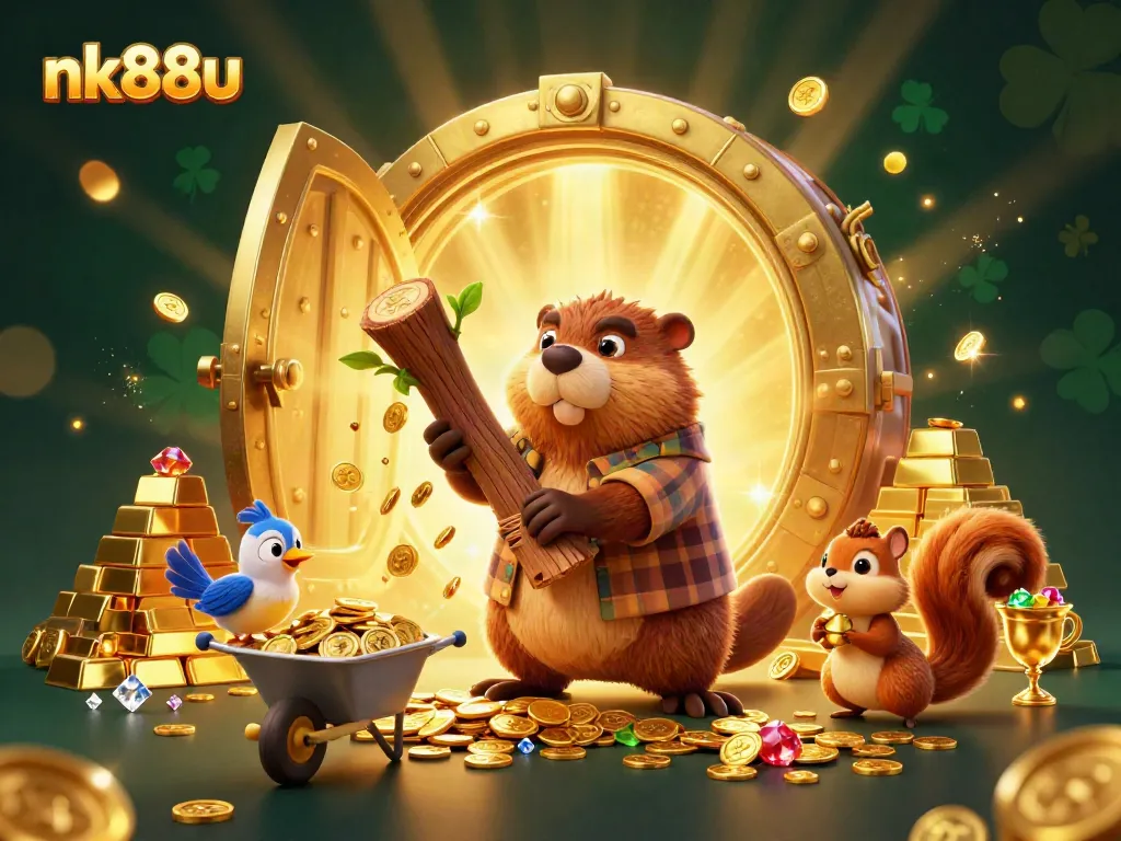Experience thrilling gaming at nk88u as a beaver chops coins raining from a tree, symbolizing jackpot wins.