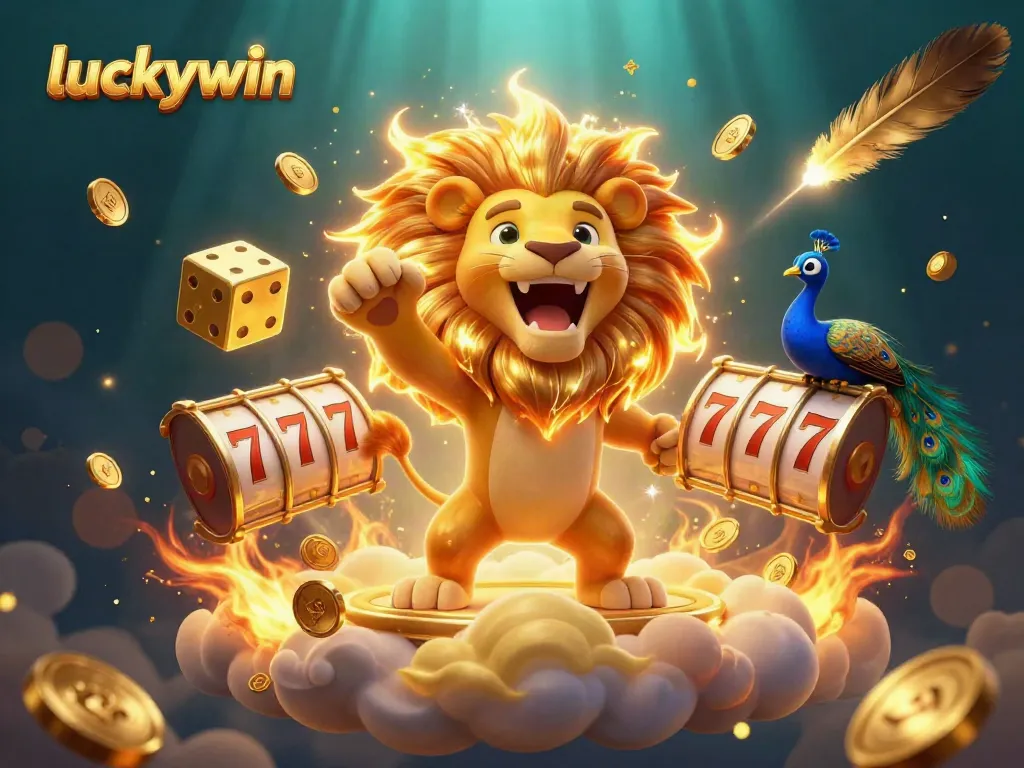 Engage with luckywin's vibrant 3D casino scene featuring golden lion, dice, and casino game elements.