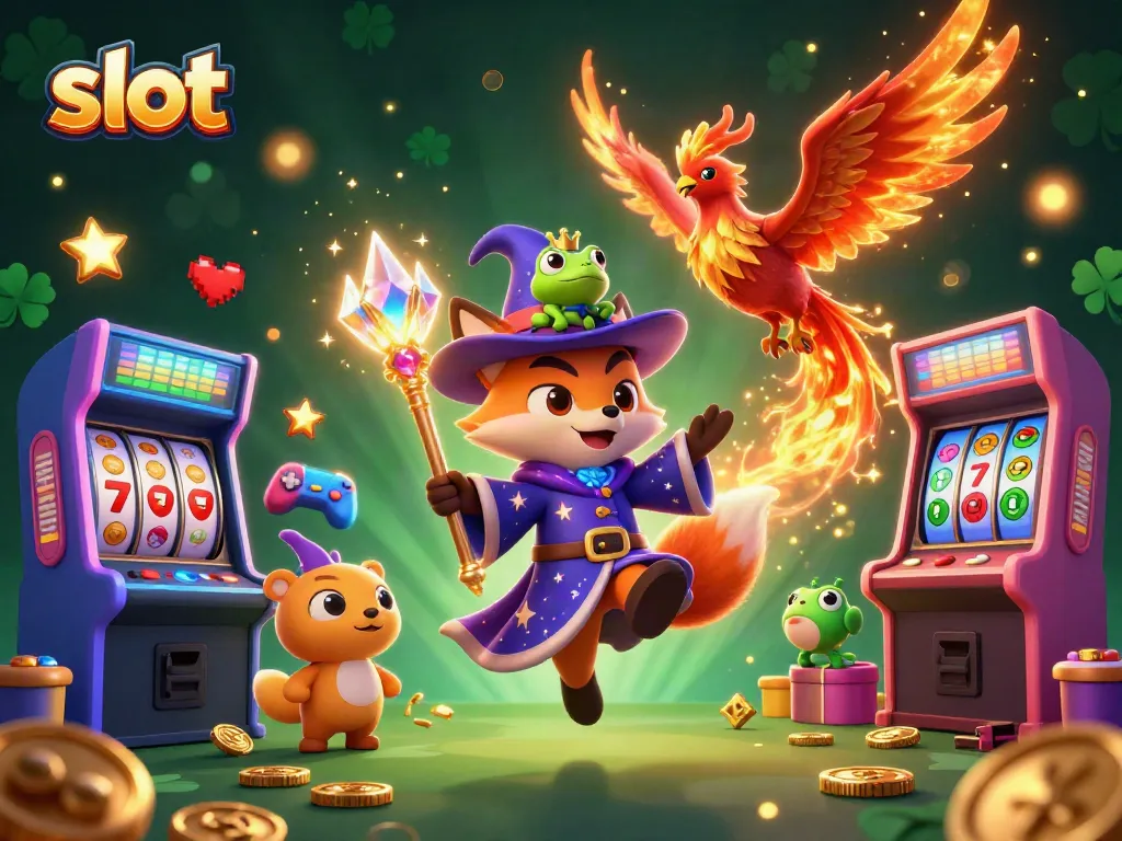 Spin thrilling slot reels in a vibrant casino scene featuring a wizard fox and phoenix, captivating players.