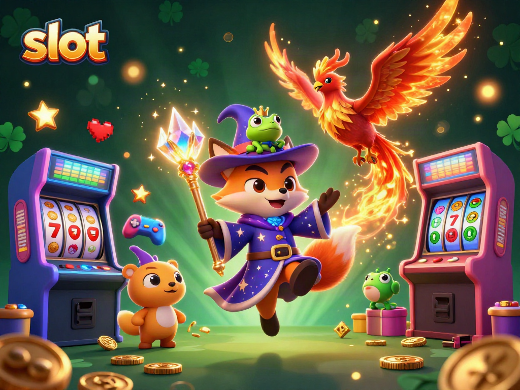 Spin thrilling slot reels in a vibrant casino scene featuring a wizard fox and phoenix, captivating players.