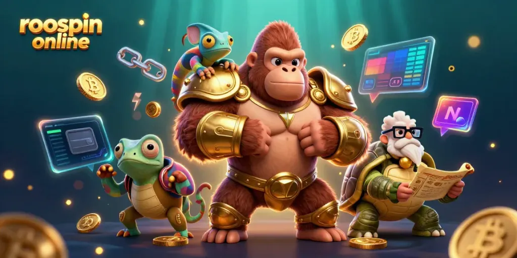 Experience thrilling action with the powerful gorilla on roospin online, surrounded by vibrant casino elements.