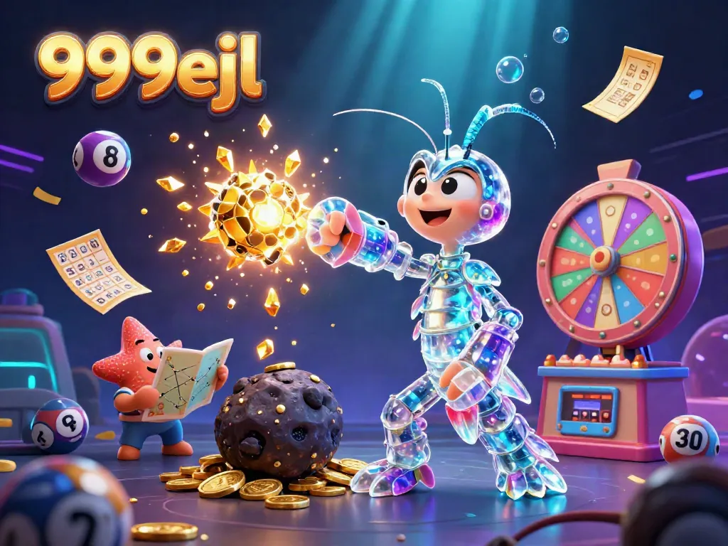 Engage with an explosive moment featuring 999eejl's galactic mantis shrimp amidst a flurry of gold coins and lottery elements.