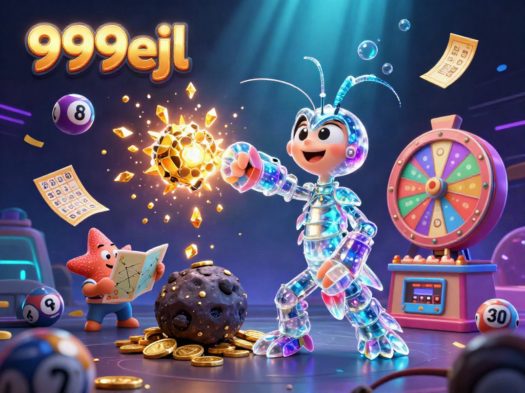 Engage with an explosive moment featuring 999eejl's galactic mantis shrimp amidst a flurry of gold coins and lottery elements.