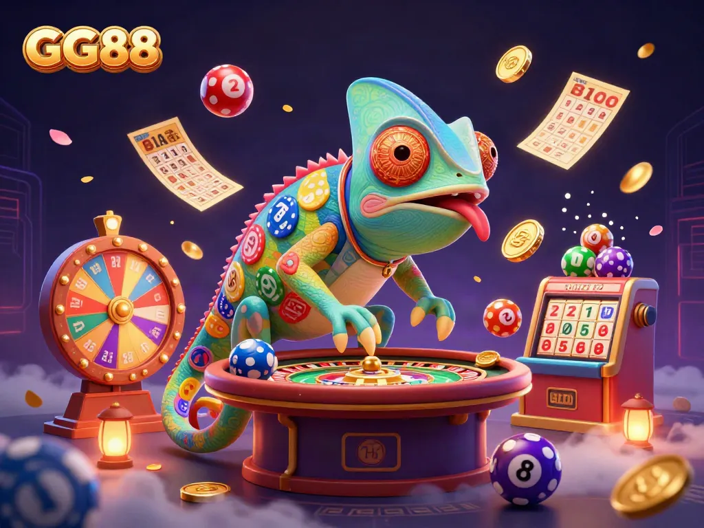 Explore the vibrant GG88 casino scene, featuring a colorful chameleon owner and lively lottery elements.