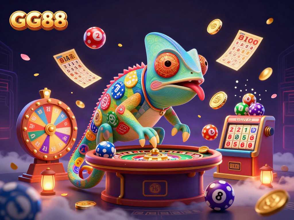 Explore the vibrant GG88 casino scene, featuring a colorful chameleon owner and lively lottery elements.