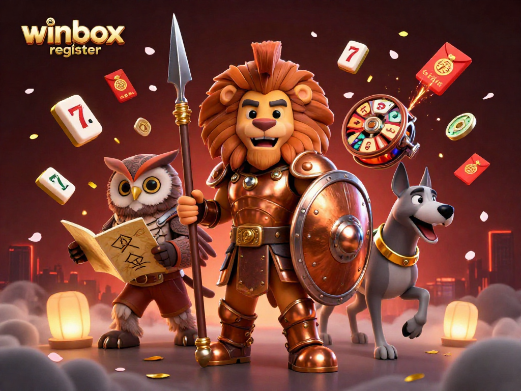 Experience seamless gameplay with winbox register, featuring a bronze-armored lion and dynamic casino elements.