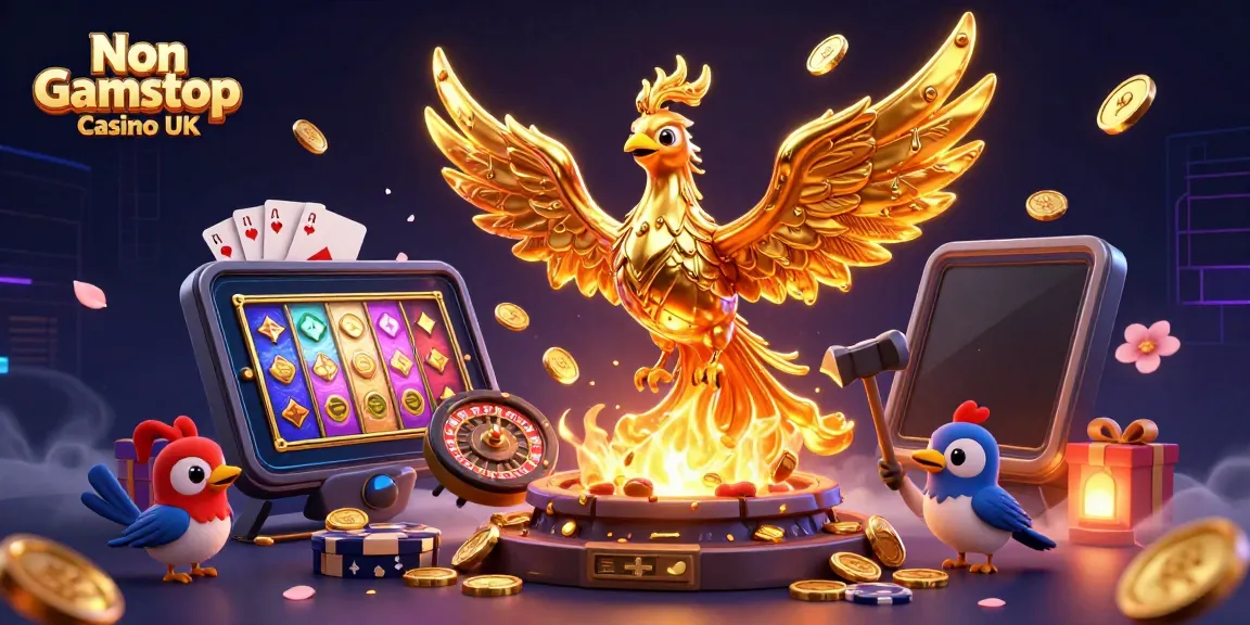 Engaging visual of the Non Gamstop Casino UK showcasing a golden phoenix amidst dynamic game elements.