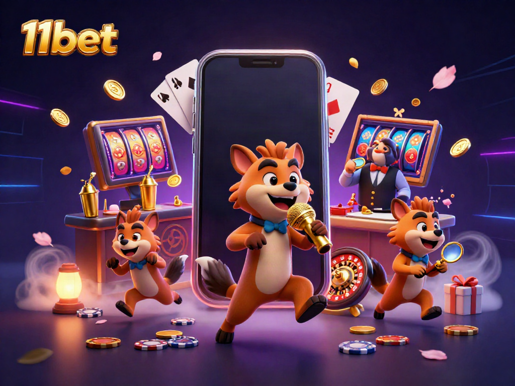 Experience the energetic comedy casino scene featuring 11bet characters with vibrant gaming elements.