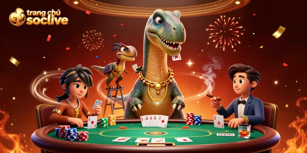 Experience thrilling poker action with the brontosaurus dealer at trang chủ socolive in a vibrant casino scene.