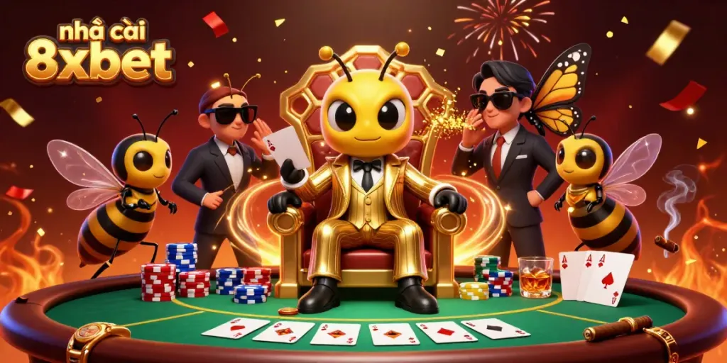 Experience the excitement of nhà cái 8xbet with a vibrant casino scene featuring animated characters.
