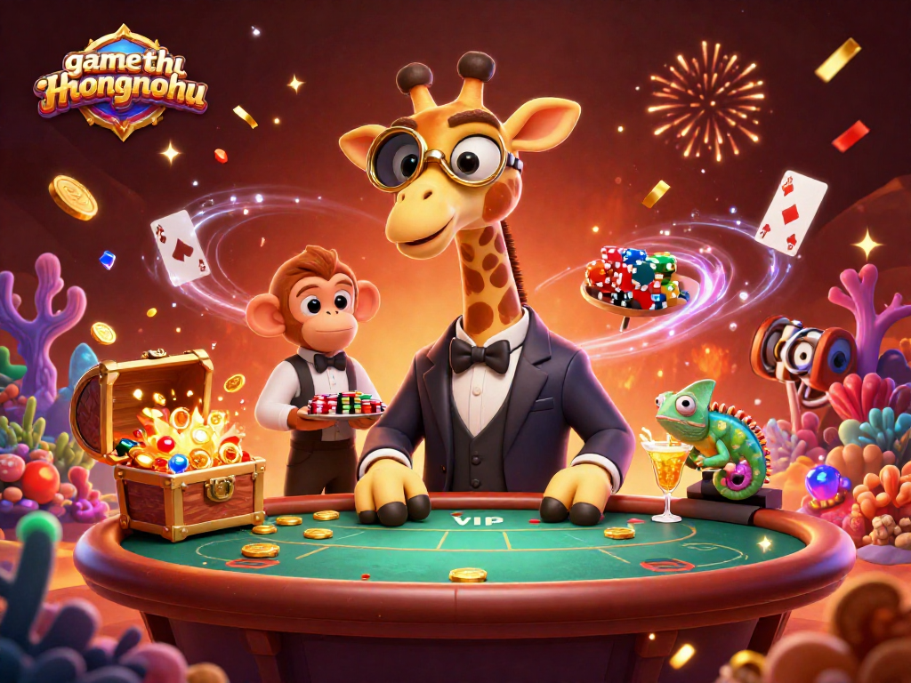 Experience the excitement of gamethuongnohu with a high-roller giraffe and vibrant casino elements.