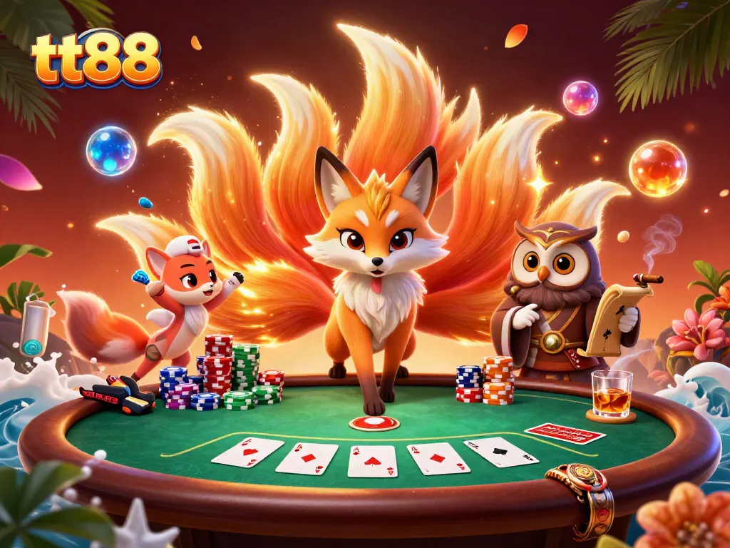 Experience tt88 with a vibrant casino scene featuring poker elements and mystical characters.
