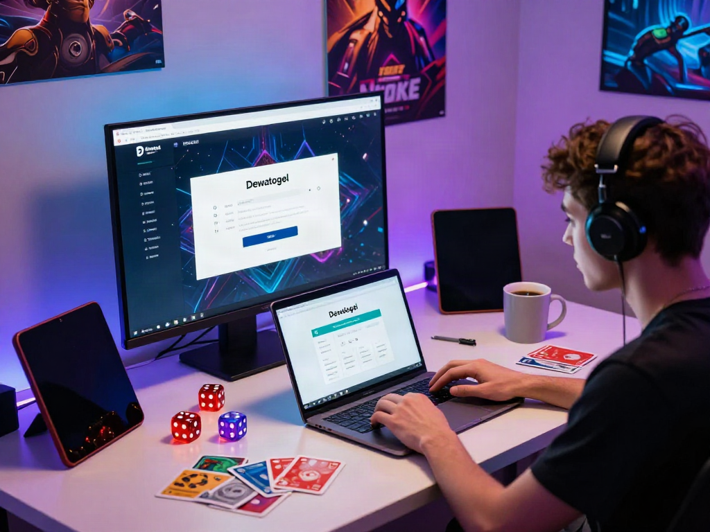 Dewatogel Link Alternatif - Engaged gamer on laptop showcasing vibrant online gaming setup with colorful elements.
