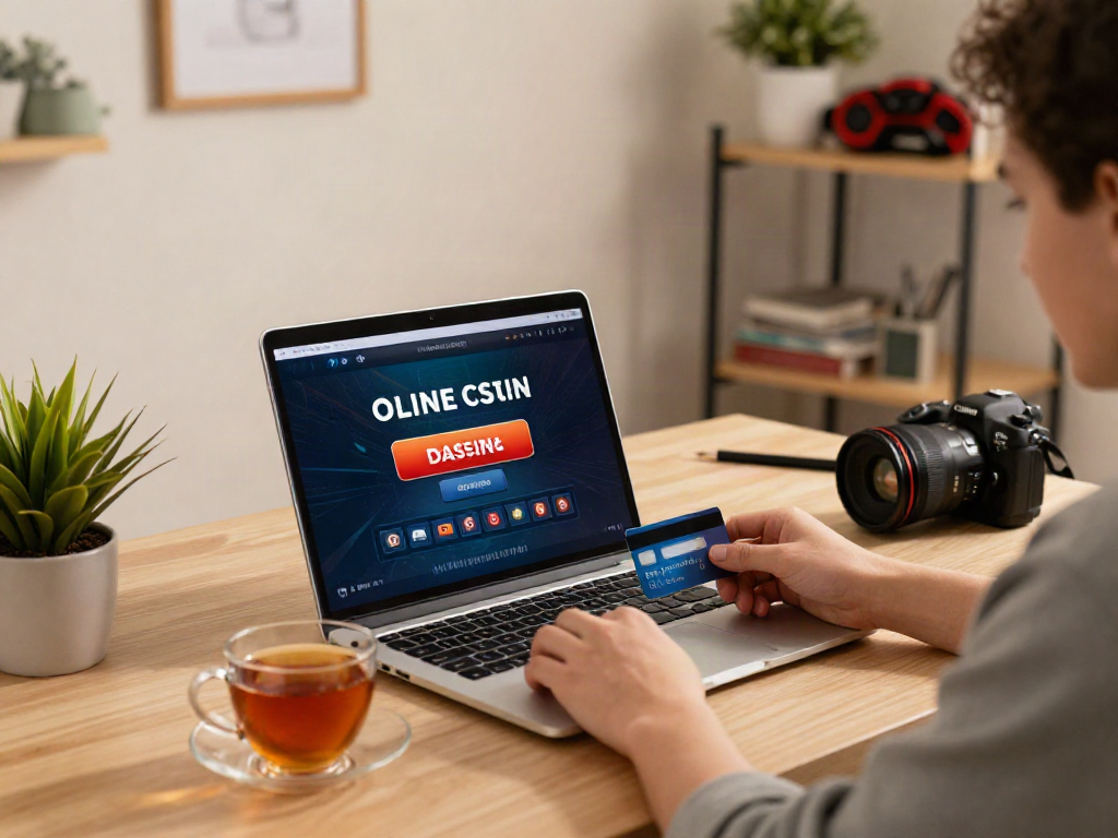 Player using a credit card at online casinos that accept credit card in a cozy home office setting.
