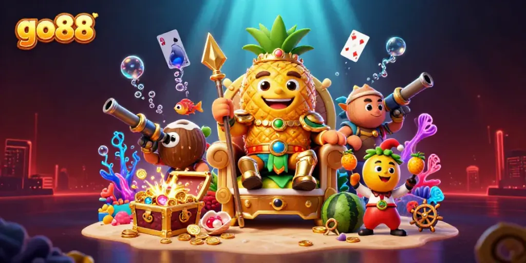 Experience the vibrant excitement of go88 with a dynamic 3D illustration depicting a beach casino scene with a golden pineapple king.