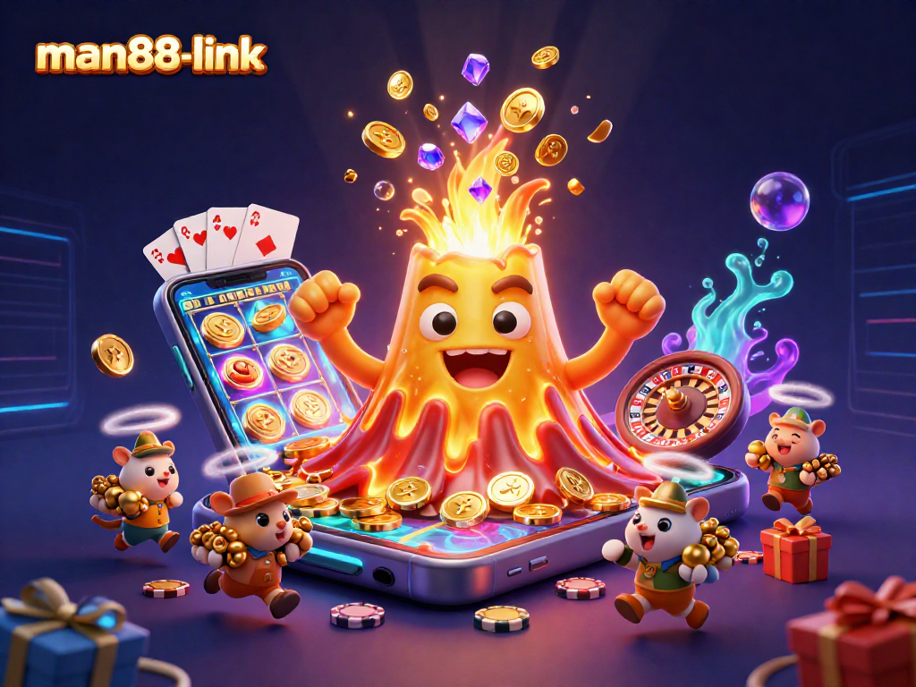 Experience winning with man88-link and a vibrant treasure eruption in a thrilling casino scene.