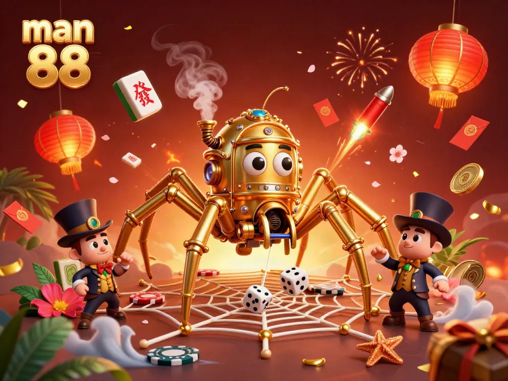 Experience thrilling gameplay at man 88 with a steampunk spider theme and festive casino elements.