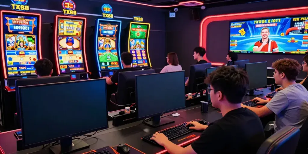 Engaged players experiencing the excitement of tx88com's online betting games in a vibrant digital workspace.