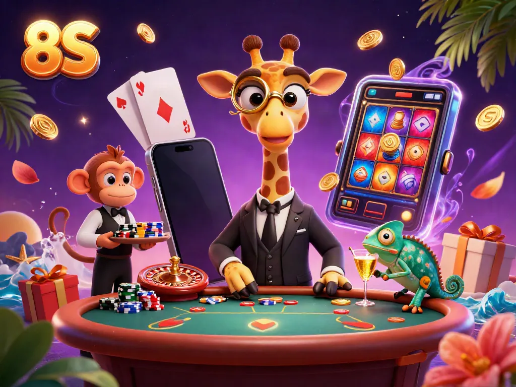 Experience the vibrant 8S casino scene with a high-roller giraffe and lively characters.
