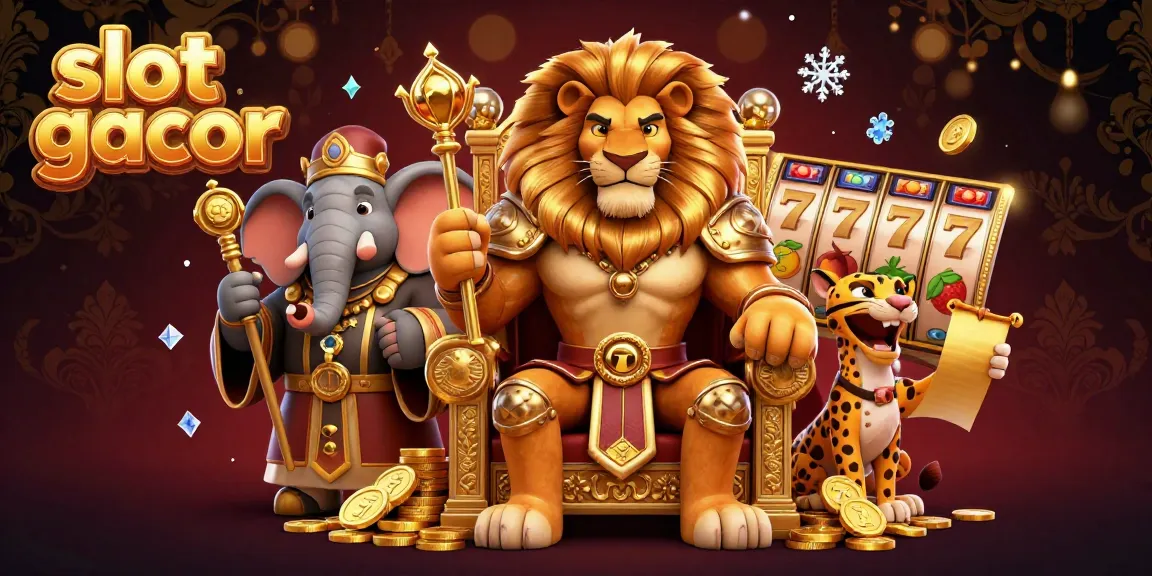 Engage with slot gacor through a dazzling 3D casino scene featuring a royal lion king, wise elephant, and swift cheetah.