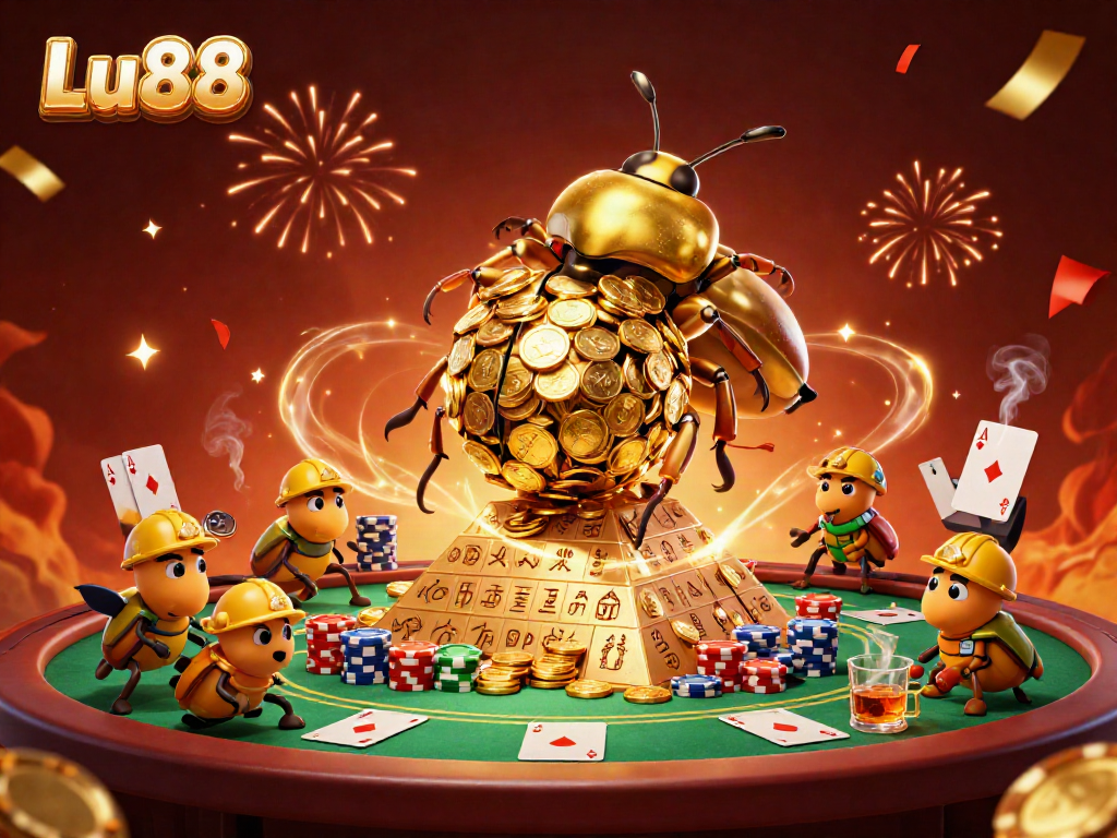Engage with Lu88's vibrant casino scene featuring a golden dung beetle and exciting game elements.