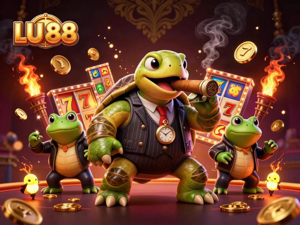 Experience thrilling gaming action at LU 88 with a vibrant 3D casino scene featuring a snapping turtle and bullfrogs.