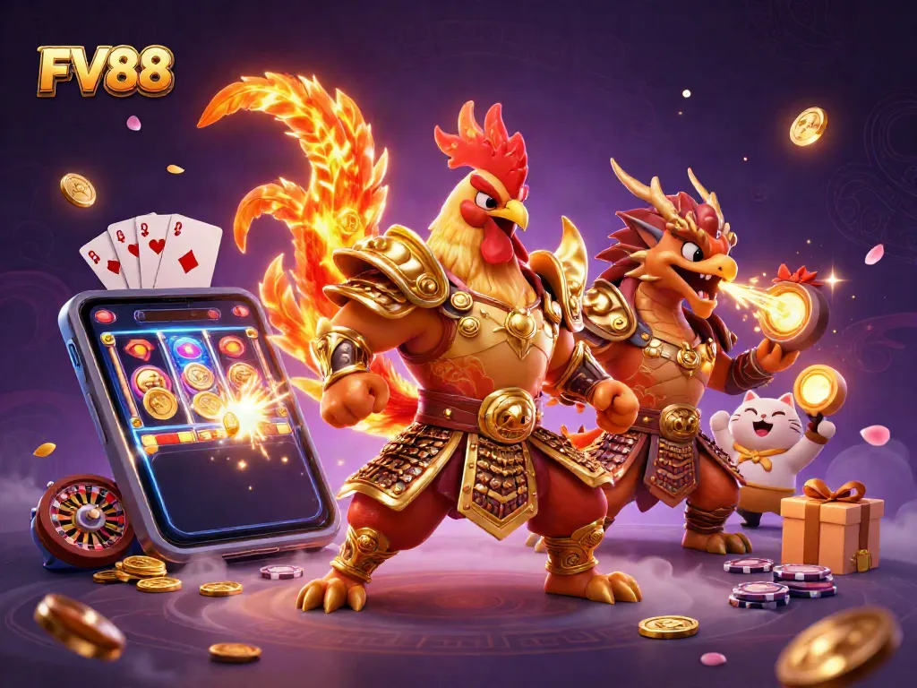 Experience the excitement of FV88 with vibrant characters and casino games in a dynamic 3D scene.