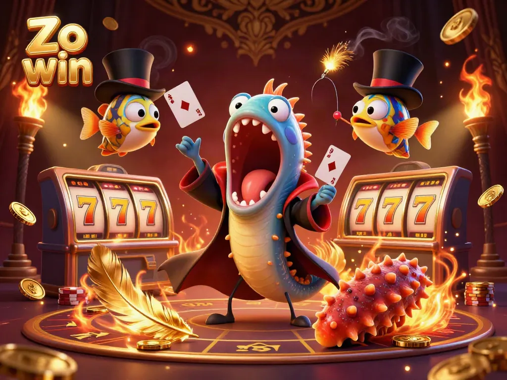 Zo win showcases a vibrant 3D scene of an eel, anglerfish, and sea cucumber in a magical casino setting.
