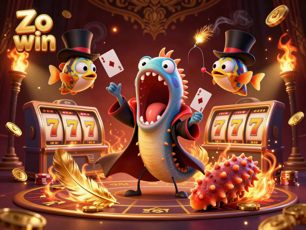 Zo win showcases a vibrant 3D scene of an eel, anglerfish, and sea cucumber in a magical casino setting.