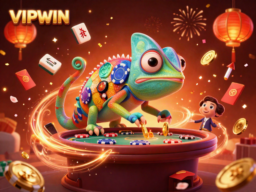 Join the thrilling world of VIPWIN with a vibrant chameleon casino owner capturing golden coins amid a festive backdrop.