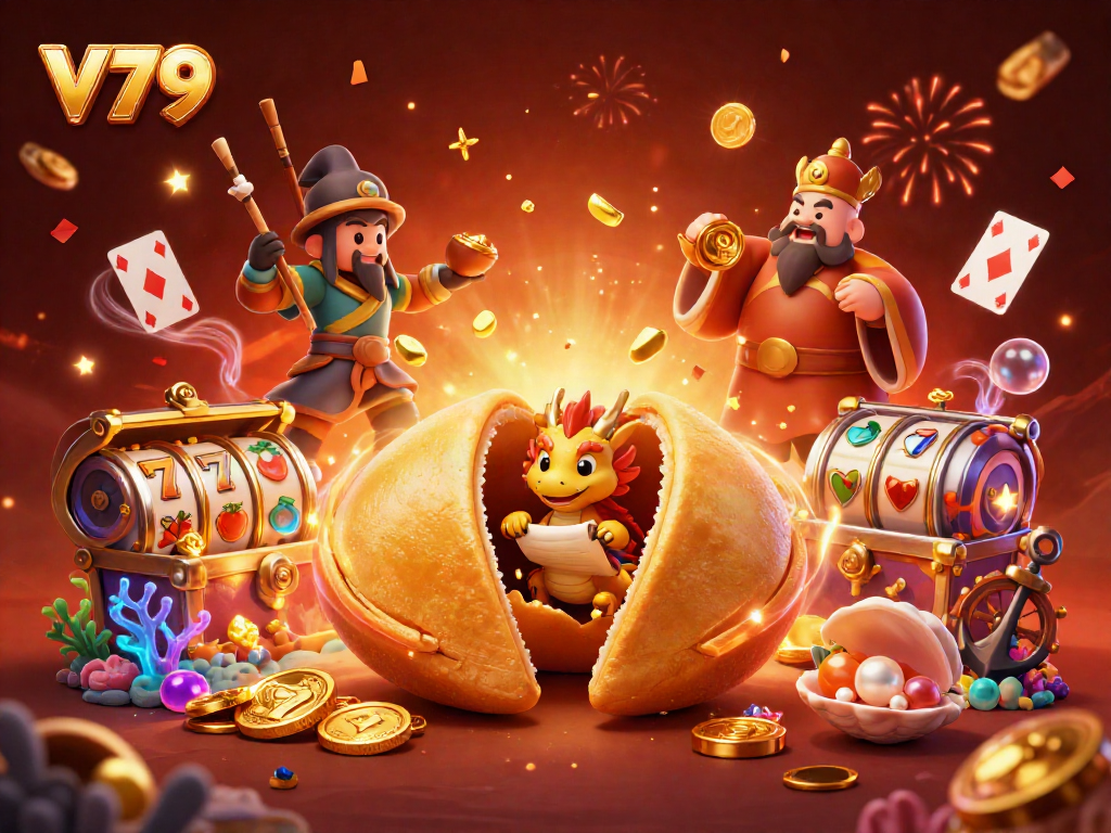 Play exciting V79 casino games featuring golden fortune cookie characters and slot reels bursting with treasures.