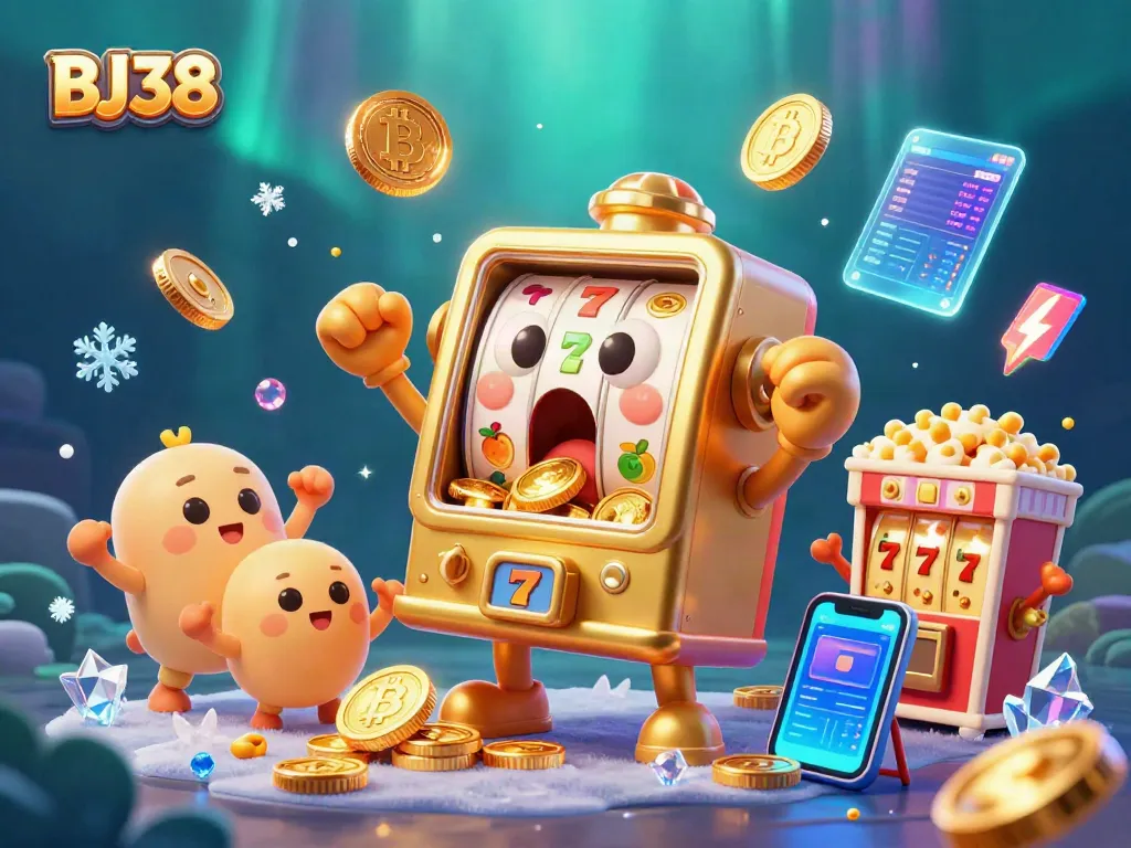 Experience the excitement of BJ38 with a jackpot-winning slot machine surrounded by cheering slots and crypto coins.