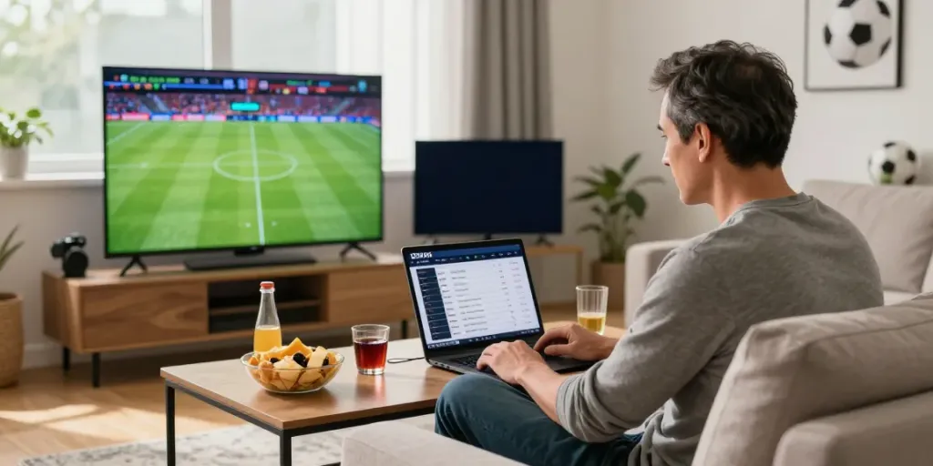 Engaging online betting scene with Taruhan Bola DewaGG showing a man focused on soccer odds in a cozy living room.