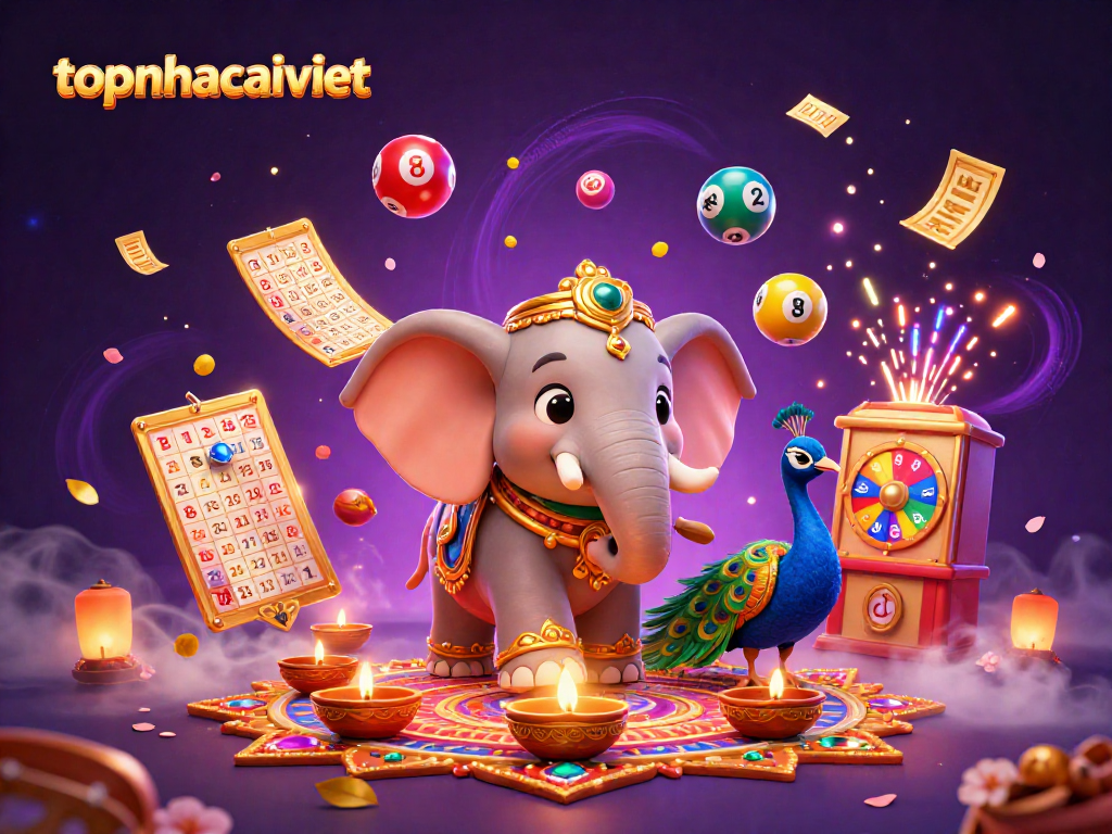 Engage with topnhacaiviet's vibrant casino atmosphere, featuring animated elephants and colorful lottery elements.