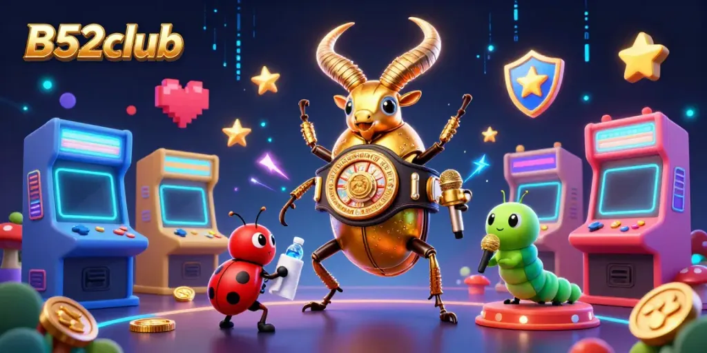 B52club features a giant golden stag beetle and friends in a colorful casino arcade scene.