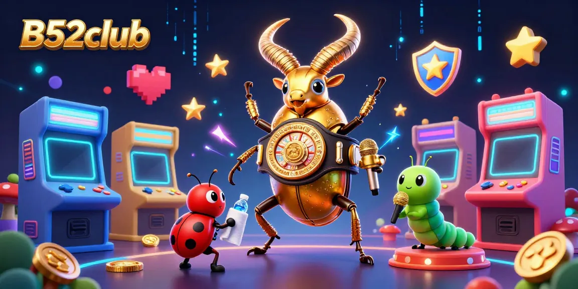 B52club features a giant golden stag beetle and friends in a colorful casino arcade scene.