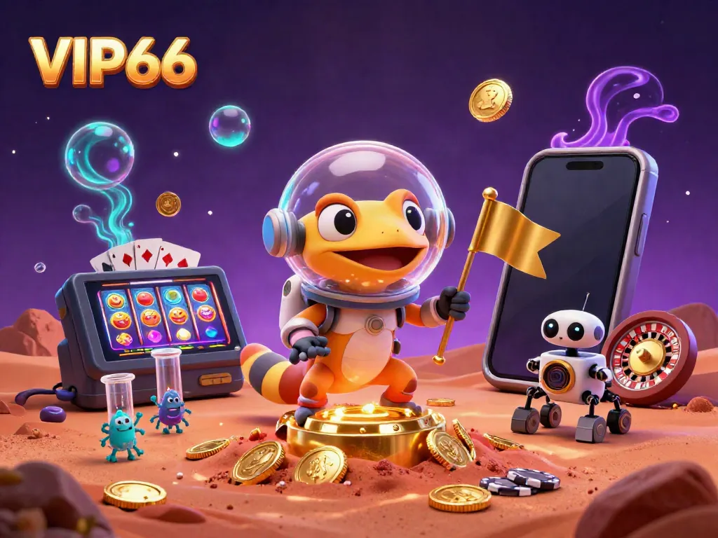 Engage with VIP66 in a vibrant Martian casino scenario, featuring 3D cartoon elements and colorful slot games.
