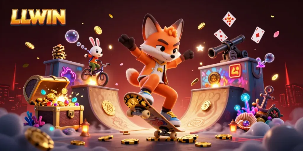 Join the fun at LLWIN with a colorful 3D illustration of a skateboarder fox and BMX rabbit among casino-themed elements.