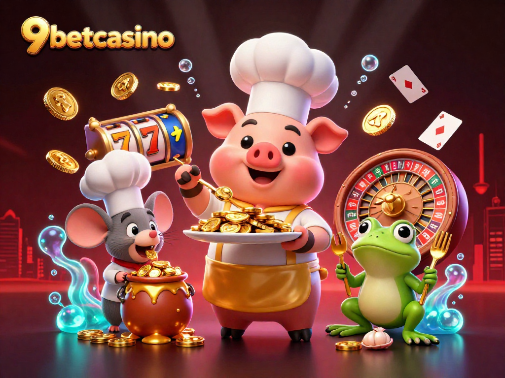 Experience the thrill of 9betcasino with a chef pig serving gold coins in a vibrant casino atmosphere.