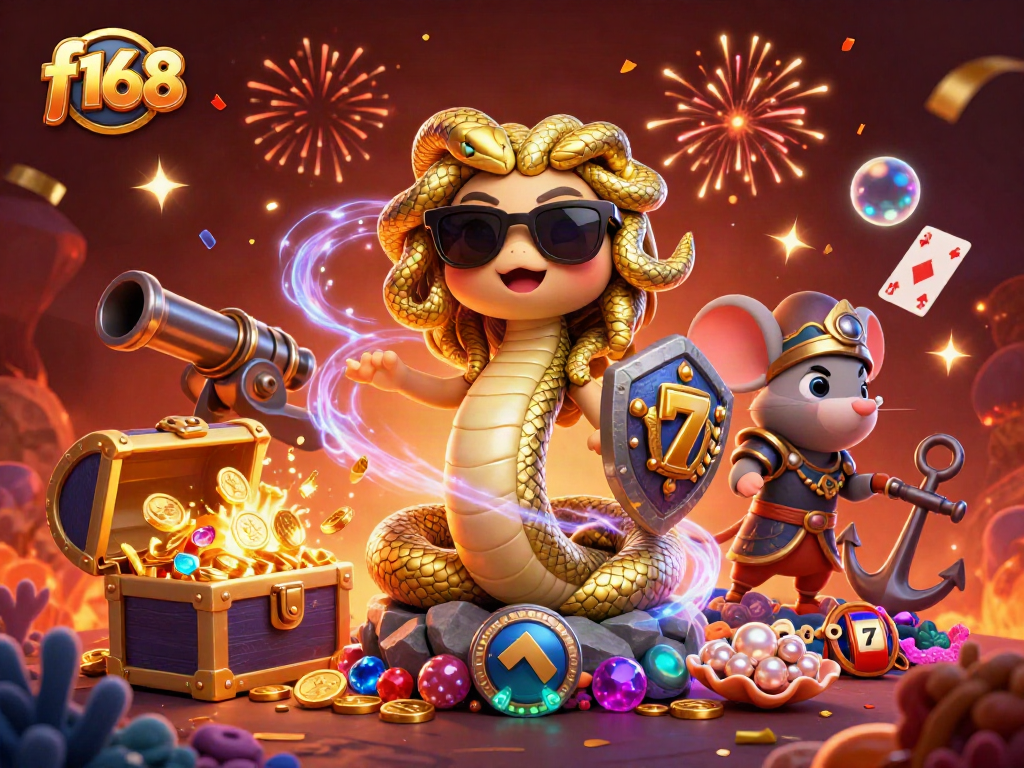 Experience f168's exciting gaming scene with dynamic illustrations of slots and vibrant characters.